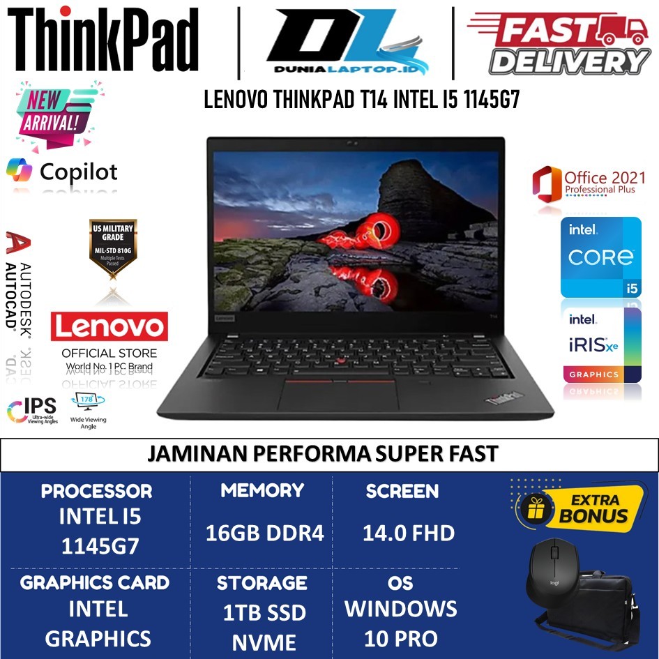 Laptop Lenovo Thinkpad T14 Intel I5 1145G7 Ram 16GB SSD 1TB FHD Win10pro Terlaris
