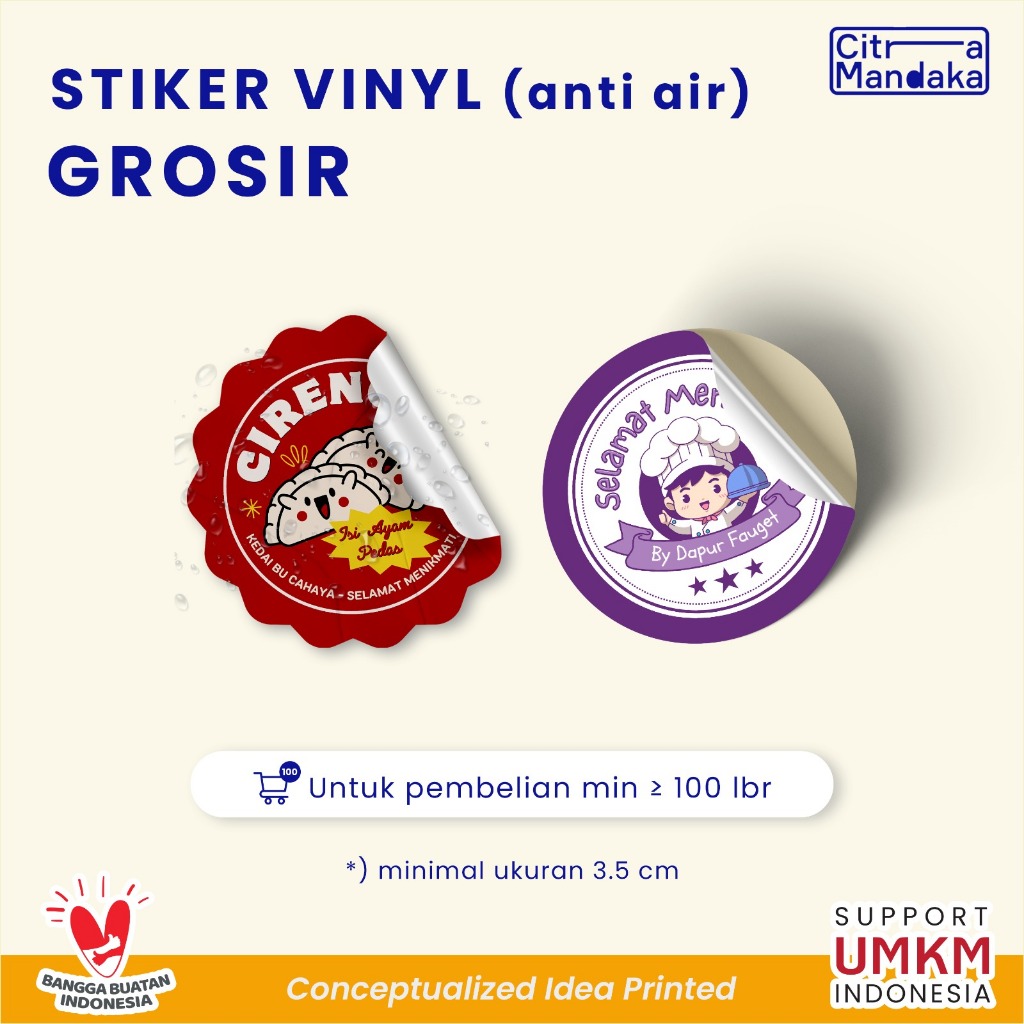 

Cetak Stiker Vinyl Anti Air Waterproof Grosir A3 Ukuran Besar Kisscut Label Makanan Custom Snack Cemilan Online Shop | Sticker Label Makanan Free Design Kemasan Produk