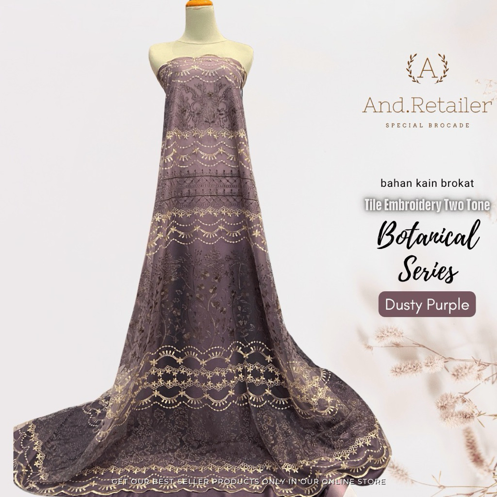 Bahan Kain Kebaya Tile Brukat Renda Bordir Botanical Series 2tone Warna Ungu Mauve Taro-Gold dll