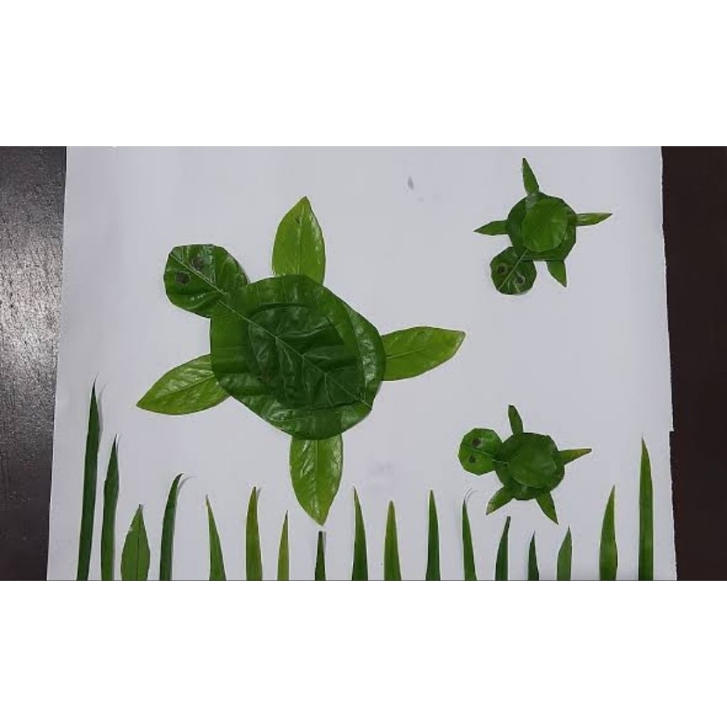 Kerajinan tangan kolase daun basah tema hewan kura kura siap pajang