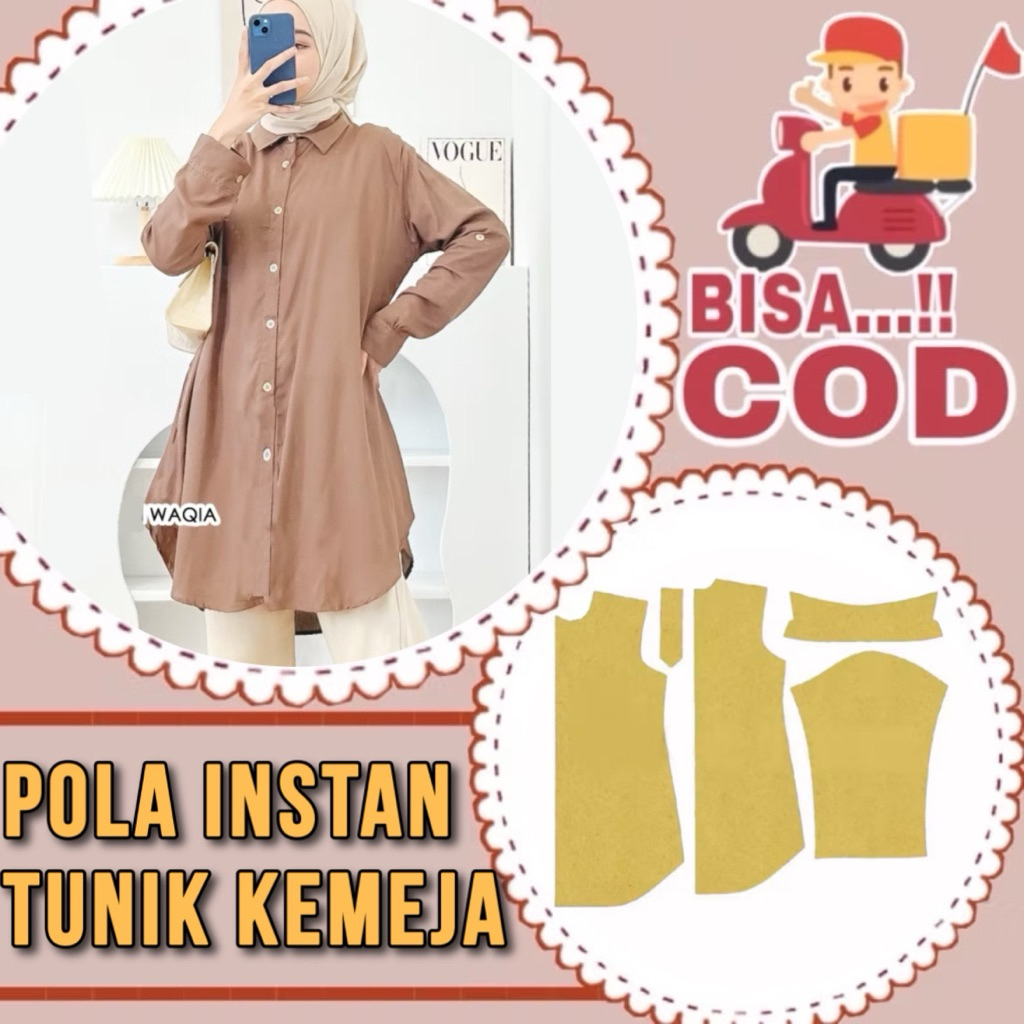 BISA COD✔️ Pola instan tunik kemeja wanita - pola jahit tunik - pola jiplak tunik kerah kemeja