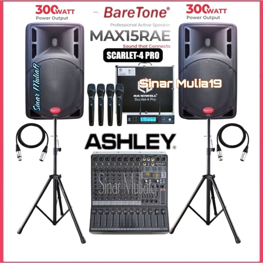 Paket Sound System Speaker Aktif 15 Inch BareTone MAX15RAE Mixer Ashley 8 Channel Bluetooth Mic 4 Ch