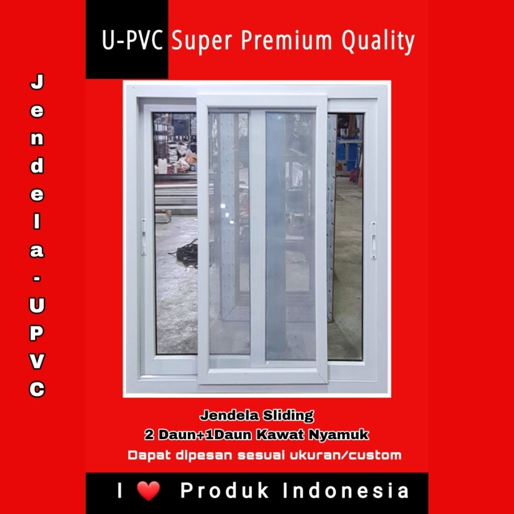 Jendela Sliding UPVC-3 in 1-Super Premium-2 Daun Kaca 5mm-1 Daun Kawat Nyamuk Baja-Putih