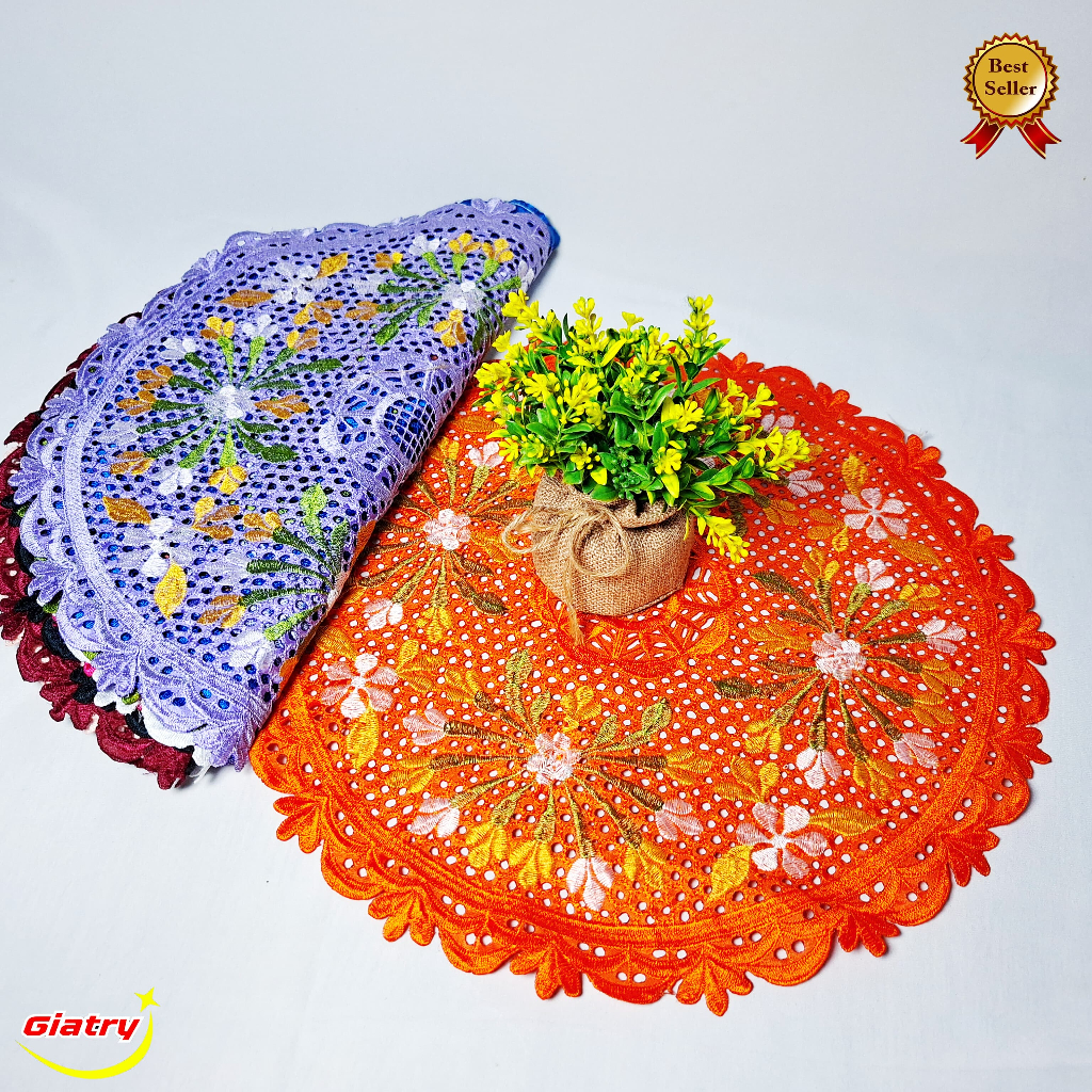 taplak meja tamu minimalis bulat Taplak meja bordir motif bunga ukuran 40cm