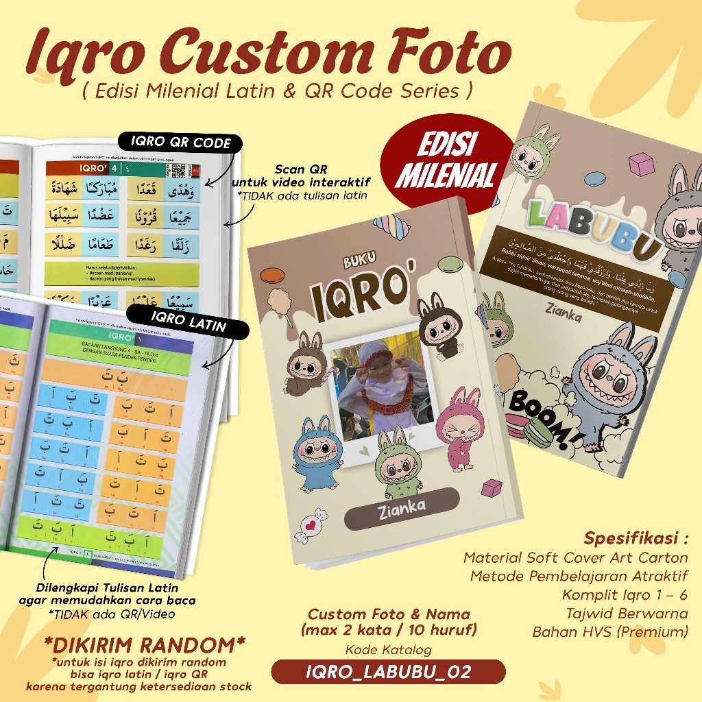 IQRO MILENIAL ANAK CUSTOM DESAIN LABUBU / BUKU IQRO MILENIAL TAJWID BERWARNA SOFTCOVER LENGKAP IQRO 