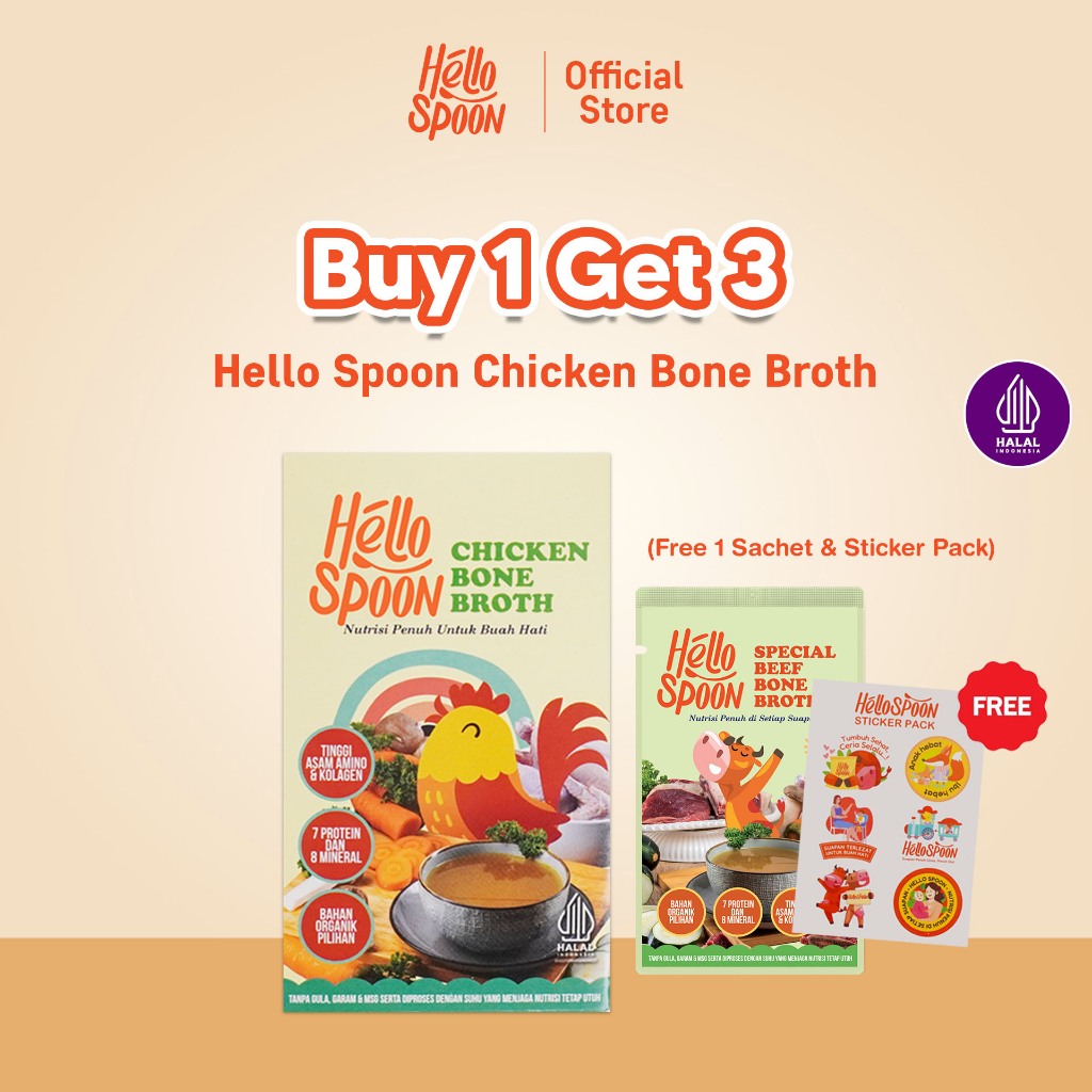 

[BUY 1 GET 3] Hello Spoon - Chicken Bone Broth FREE 1 Sachet + Sticker - 600ml - IMMUNE BOOSTER / VITAMIN ANAK , Kaldu Ceker Ayam, Alami 100% Non MSG