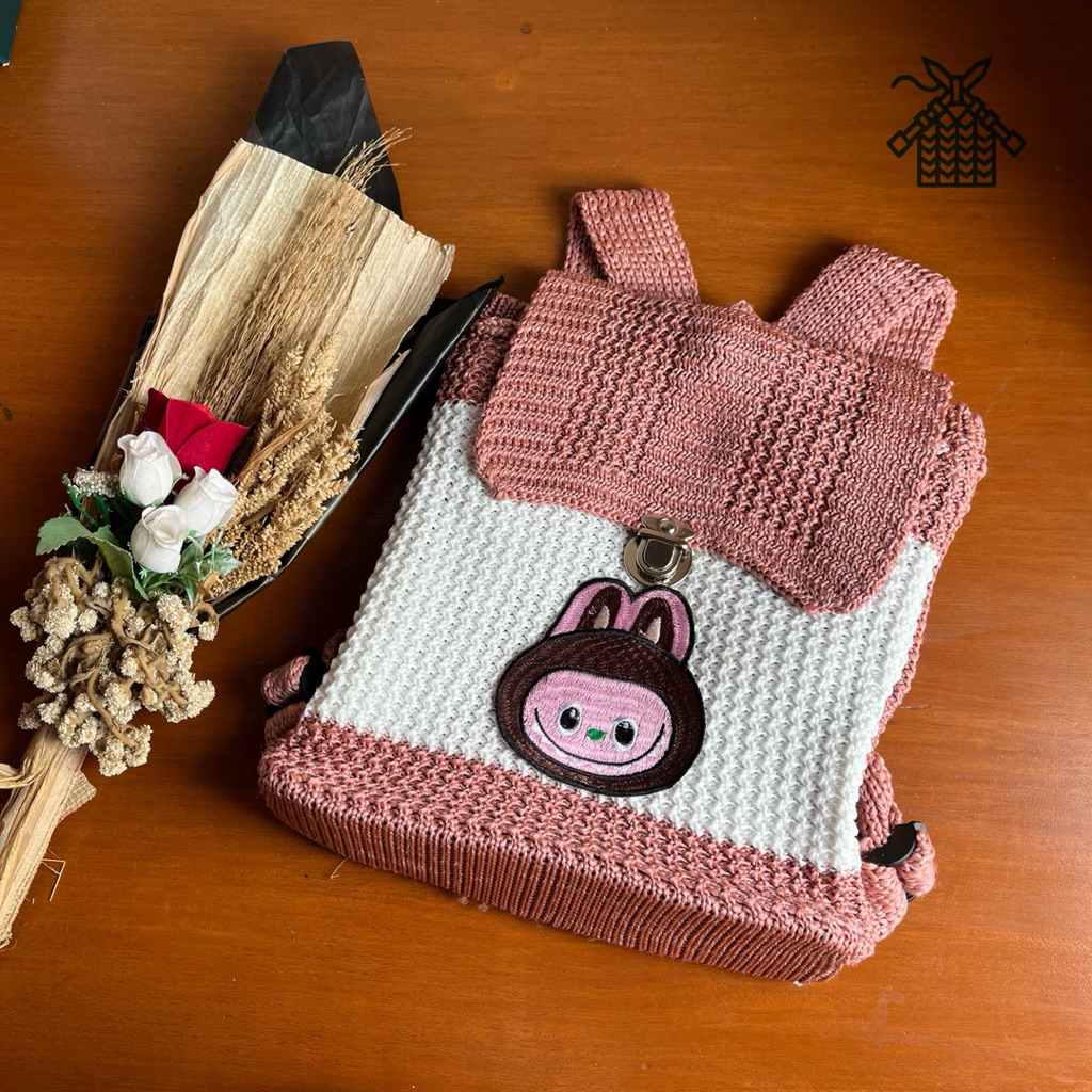 Tas gendong anak perempuan rajut labubu/ tas gendong rakut karakter labubu untuk anak