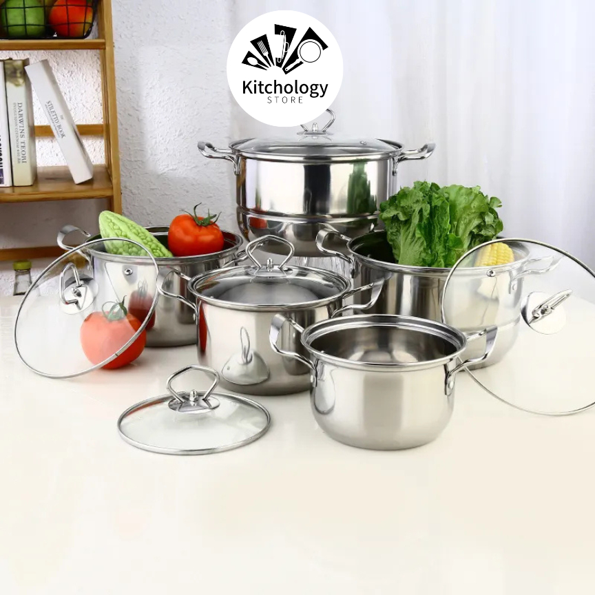 Panci Sup Stainless 1 Set 5 Pcs Panci Sup - Panci Serbaguna Tutup Kaca - 267