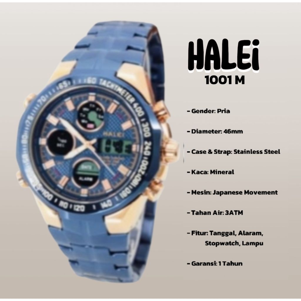 halei 1001 M jam tangan pria halei original fashion casual double time analog digital rantai stainle