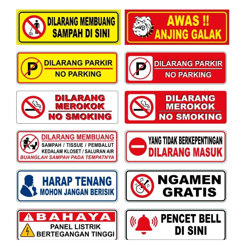 

STIKER DILARANG PARKIR NO SMOKING ANJING GALAK HARAP TENANG NGAMEN GRATIS PANEL LISTRIK DILARANG MASUK PENCET BELL ANTI AIR HARGA SATUAN BUKAN MUHRIM MATIKAN AIR TUTUP PINTU GRATIS TANPA STRUK BELL HITAM BIRU HIJAU KUNING KIBLAT QIBLA ARAH ANGIN WLBEEX