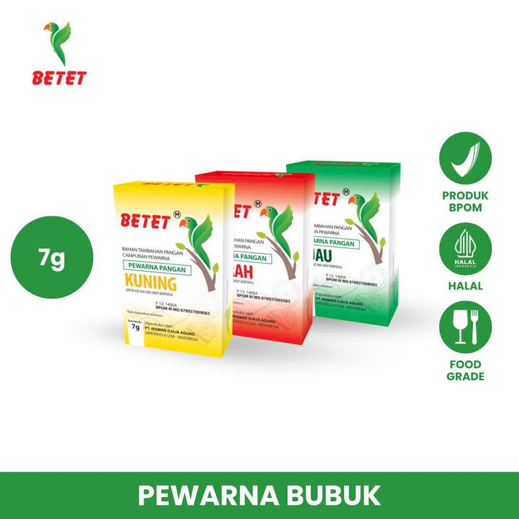 

BETET - Pewarna Pangan Bubuk Hijau, Kuning, Merah 7g | Pewarna Makanan BPOM, Halal & Food Grade untuk Kue & Minuman