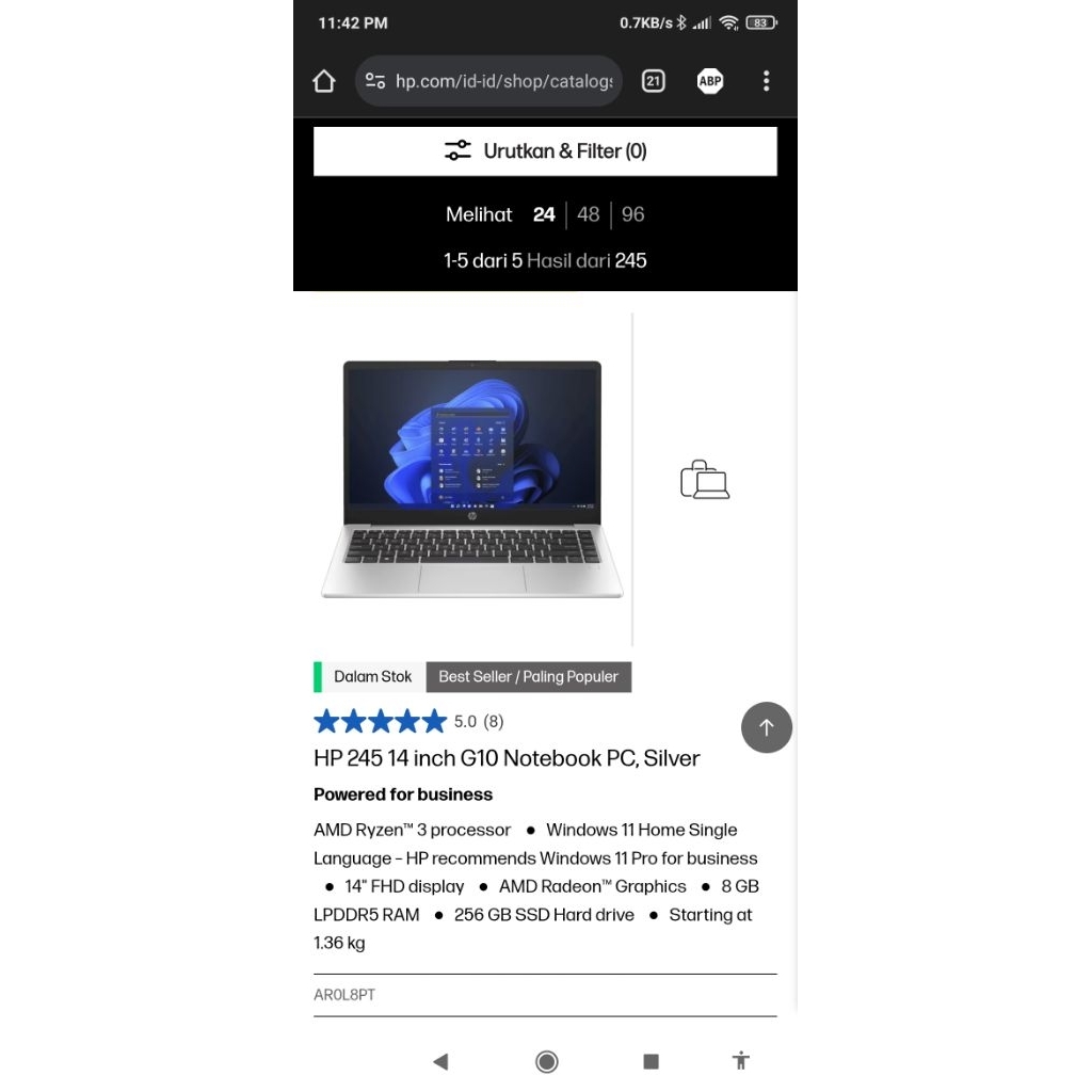 Laptop HP 245 G10 AMD Ryzen 3 7320U baru garansi resmi