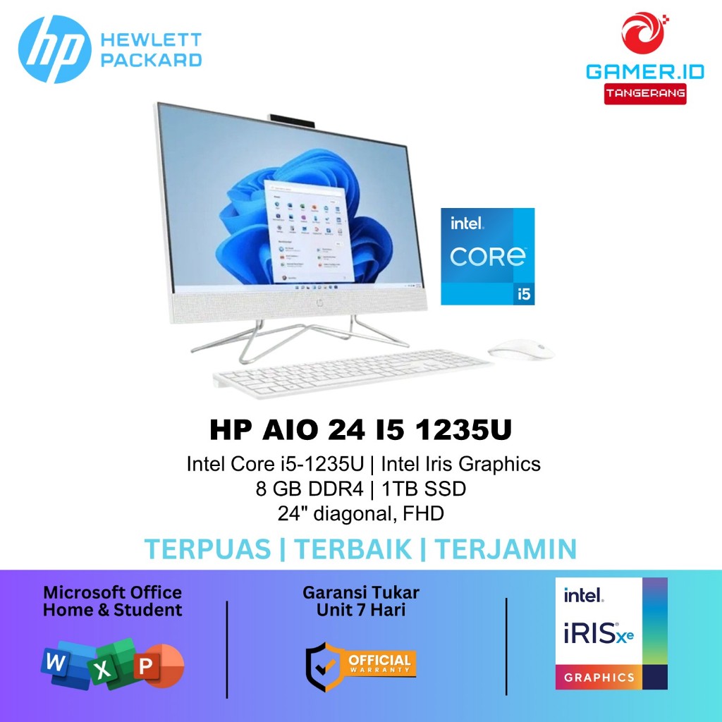 HP AIO 24 Inch Intel Core i5 1235U 8GB 1TB SSD Windows 11 + OHS - PC AIO Garansi Resmi