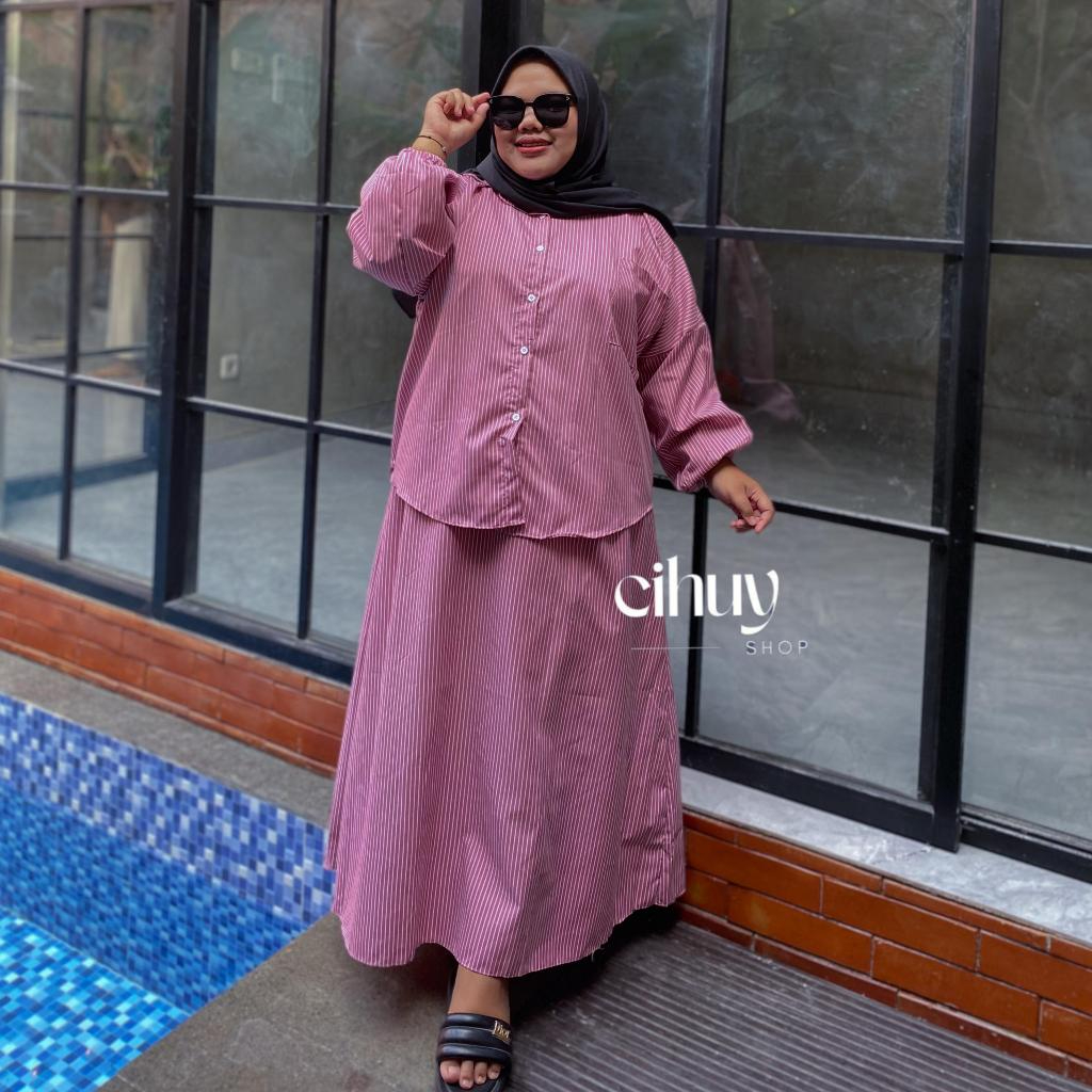 [CIHUY]  - Cessa One Set Salur Jumbo Kemeja Oversize + Rok Mayung One Set Sripe Big Size