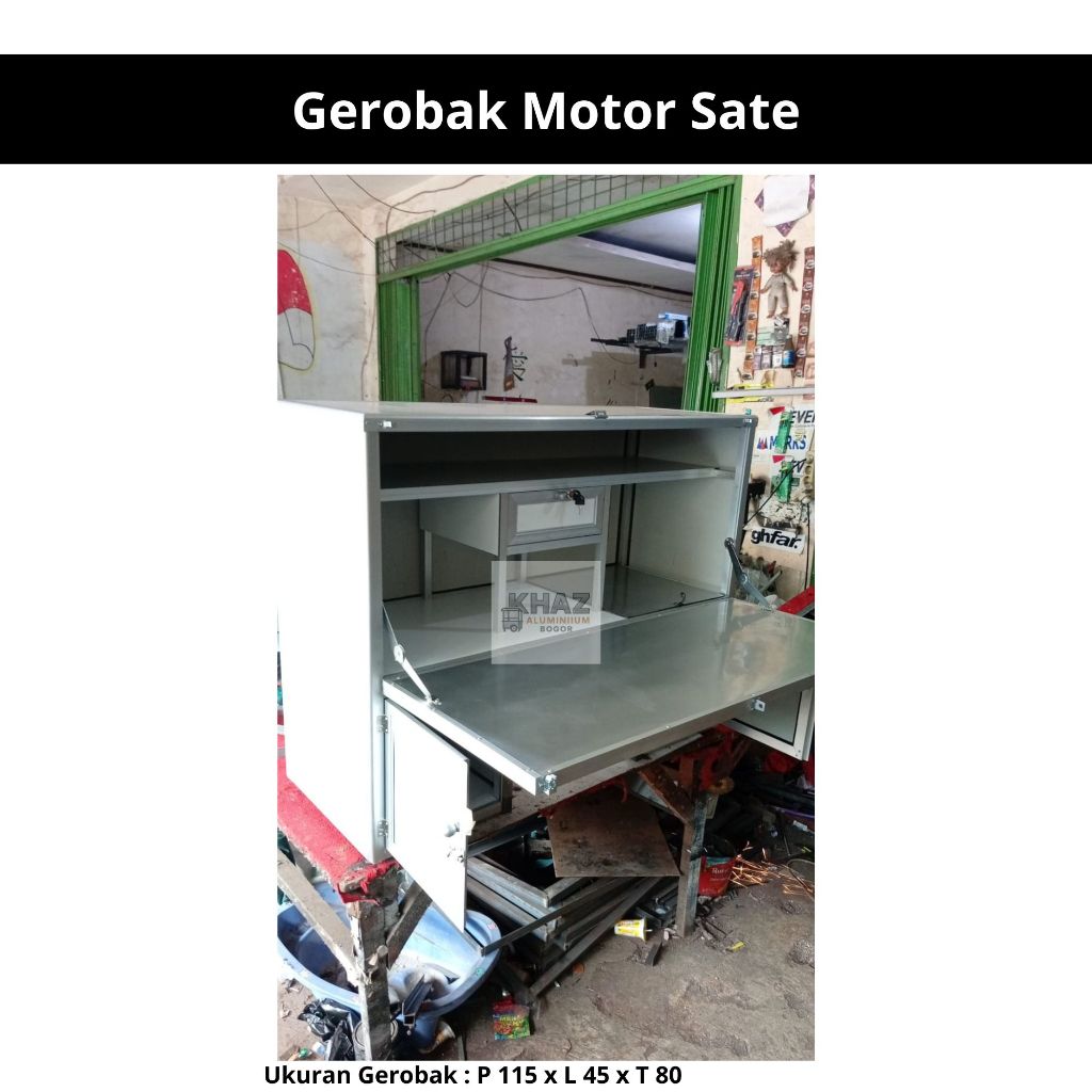 Gerobak Motor Sate Aluminium 115x45x80 | Ringan + Laci Kompor + Anti Karat