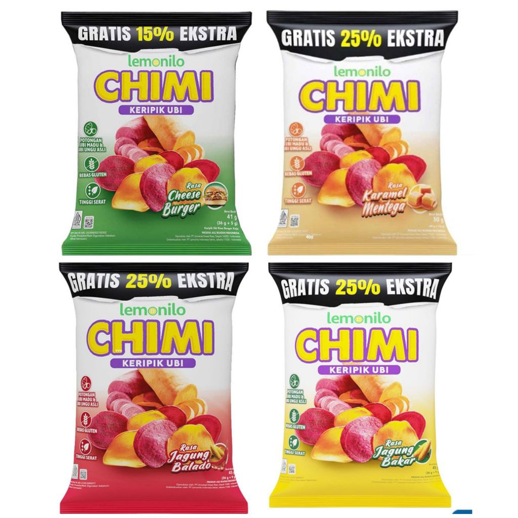

Lemonilo Chimi Keripik Ubi Snack Sehat jagung bakar balado caramel mentega cheese burger