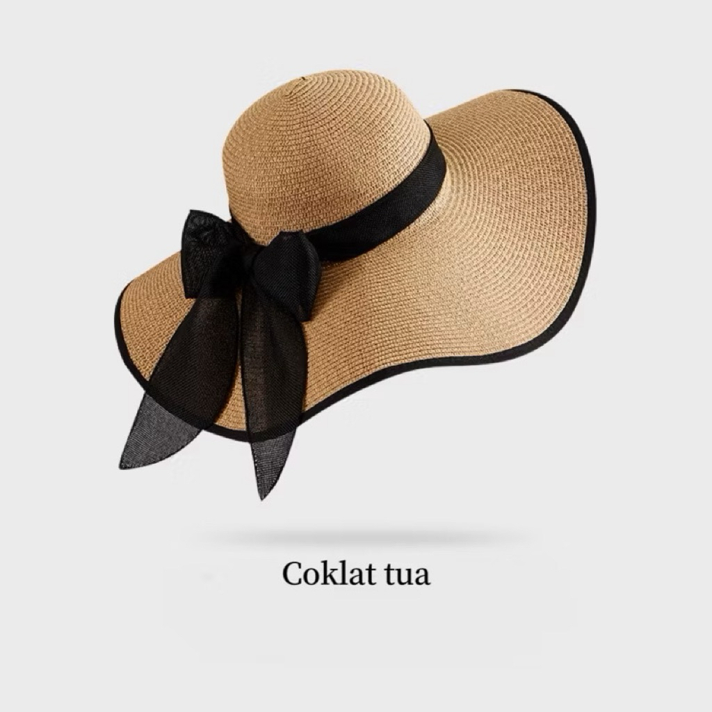 Topi Pantai Lebar Bahan Raffia Premium List Hitam / Topi Pantai Lebar / Topi Pantai lipat Delima