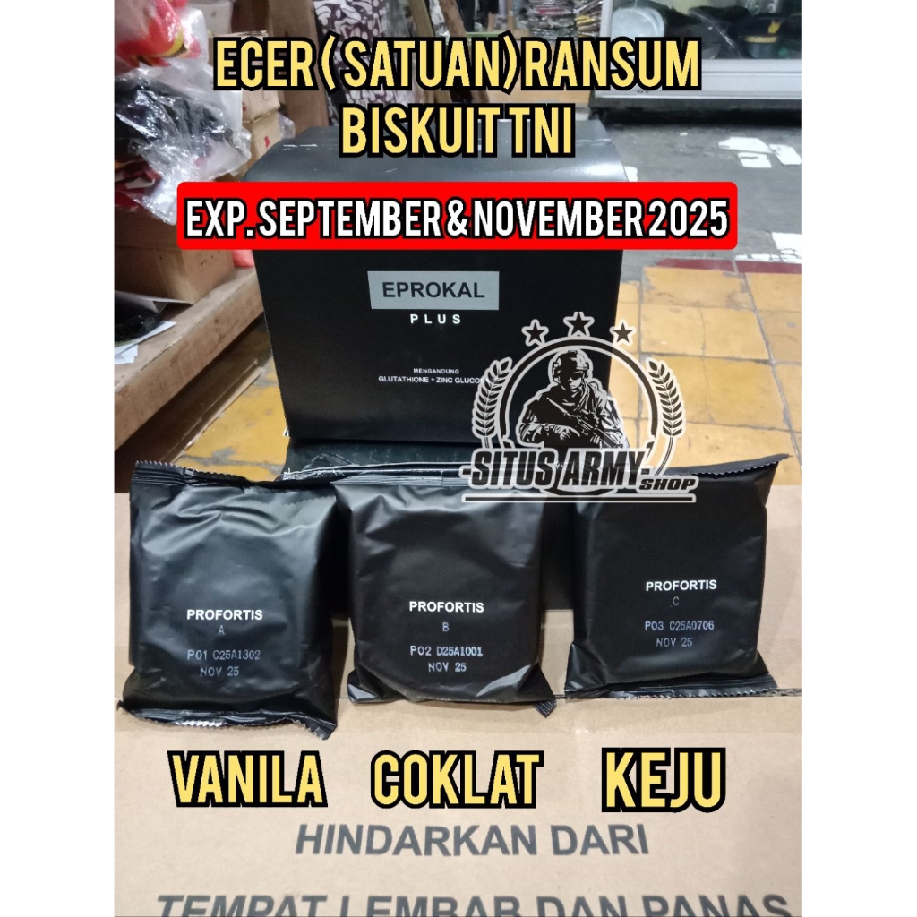 

RANSUM TNI BISKUIT PRPFORTIS. EXP SEPTEMBER & NOVEMBER 2025. BISKUIT TNI. MAKANAN TNI. BISKUIT PROFORTIS BULAT