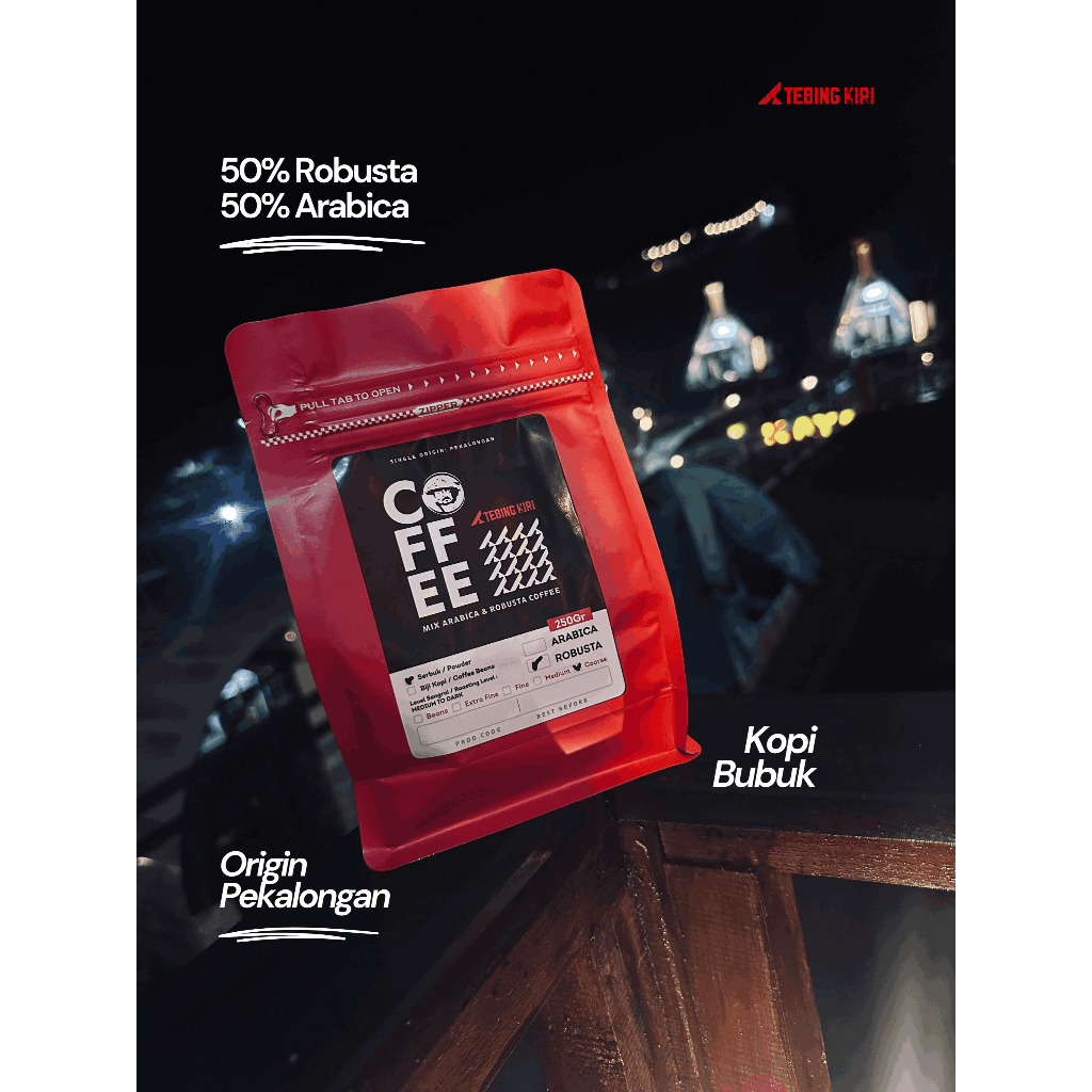 

TEBING KIRI 250 gr KOPI BUBUK MIX BLEND ROBUSTA 50% ARABICA 50% PREMIUM ASLI PEKALONGAN MEDIUM ROAST