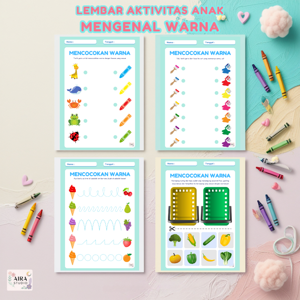 Printable Worksheet Anak Paud TK Mencocokan Warna 20 Lembar