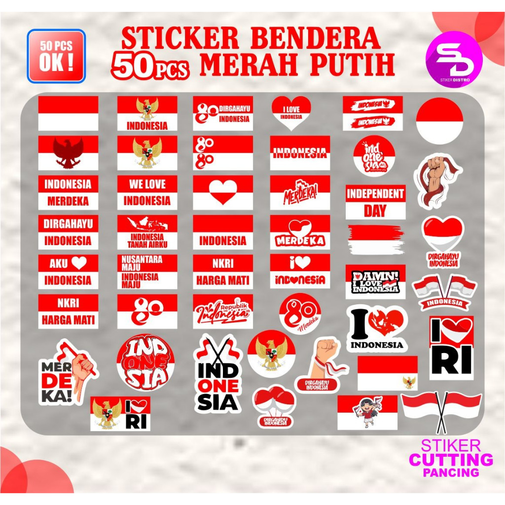 

50pcs stiker pack BENDERA MERAH PUTIH INDONESIA RAYA sudah terpotong waterproof bisa untuk di tempel di pipi uk.4x2cm
