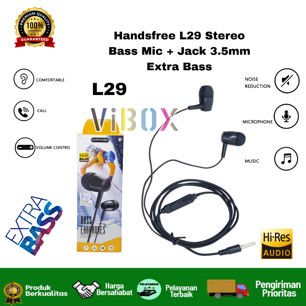 Handsfree L29 Stereo Bass With Mic Jack 3.5mm Headset Kabel Extra Bass [MPG]