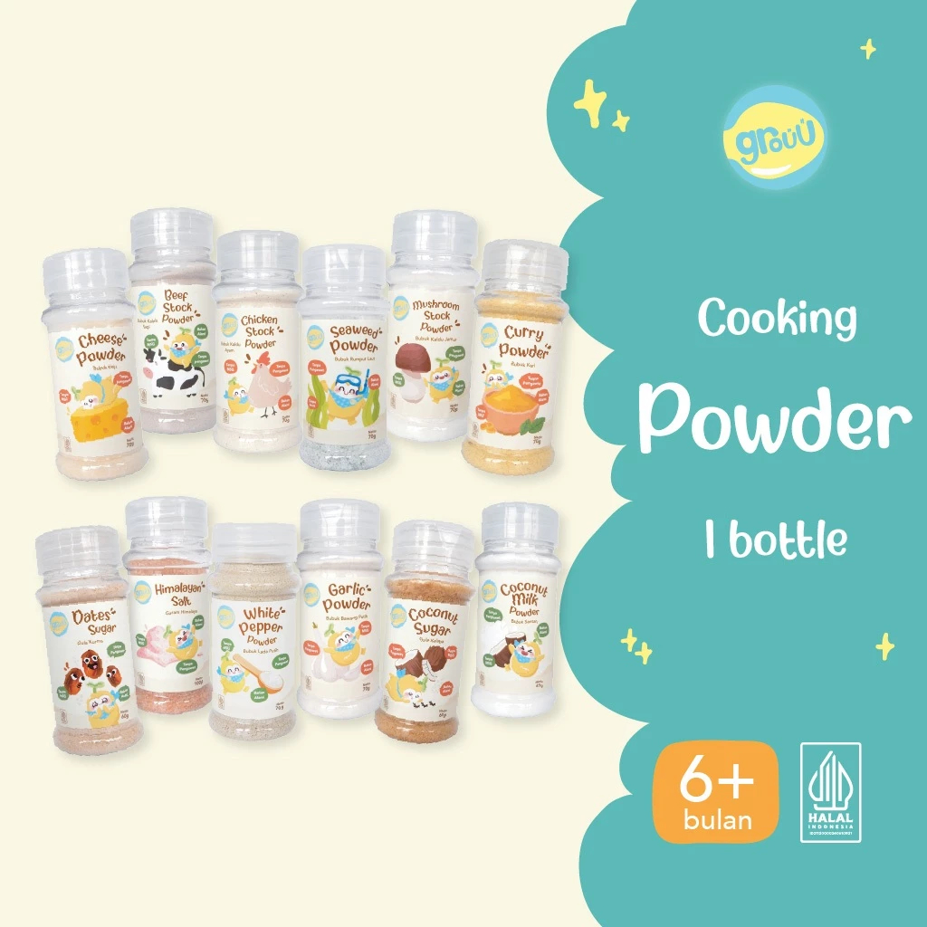 

Grouu - Cooking Powder | Bubuk Masak MPASI (Bawang Putih, Keju, Kaldu Sapi, Rumput Laut, Kari, Kaldu Jamur, Gula Kelapa, Garam Himalaya) | No MSG