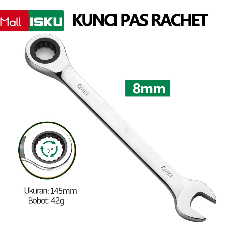 ISKU Kunci rachet 8mm 72gigi Kunci 8 Kunci Rachet Multifungsi Bahan Crv Kuat Anti Karat Kunci Ring P