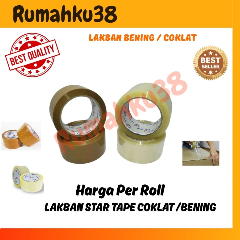 

Lakban Bening / Cokelat Packing Online STAR Tape Clear/Tan 2inci 48mm x 90 yard