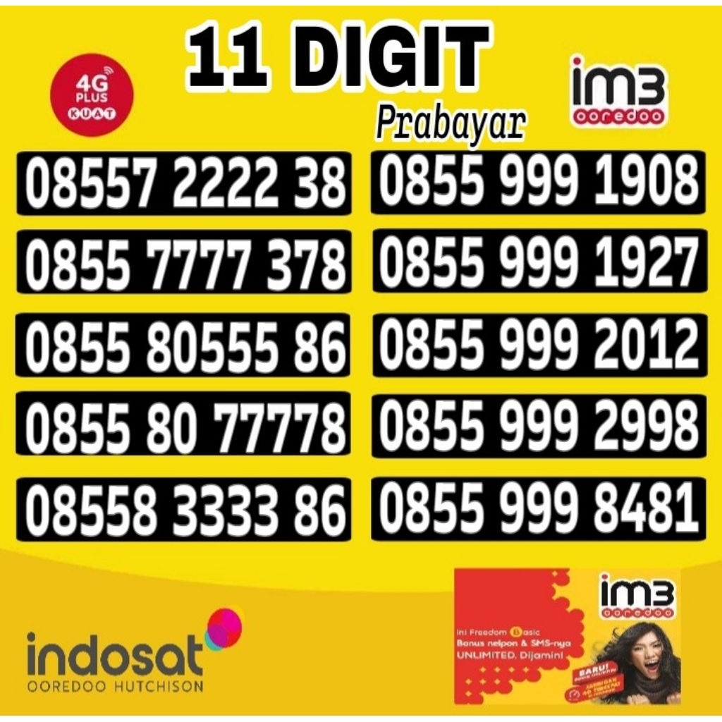 Nomor Cantik Indosat IM3 4G Lte 11 Digit 777 - 999