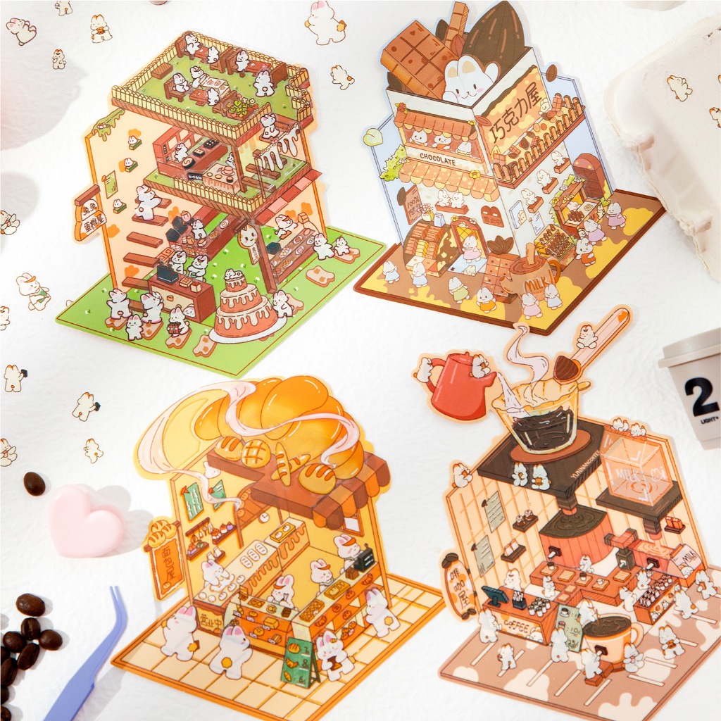 

[JUNE] 3D Cute Cafe Bakery Chocolate Cake Shophouses Sticker Sheet Stress Reliever Decorations Mini