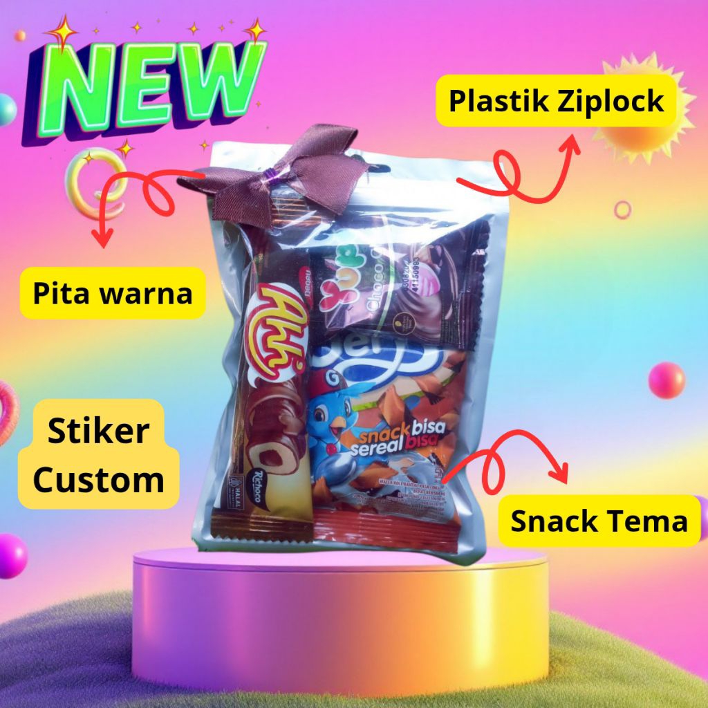 

(Tanpa Min Order) Mini Gift Snack Ulang Tahun Souvenir Paket Snack Free Pita Custom Stiker