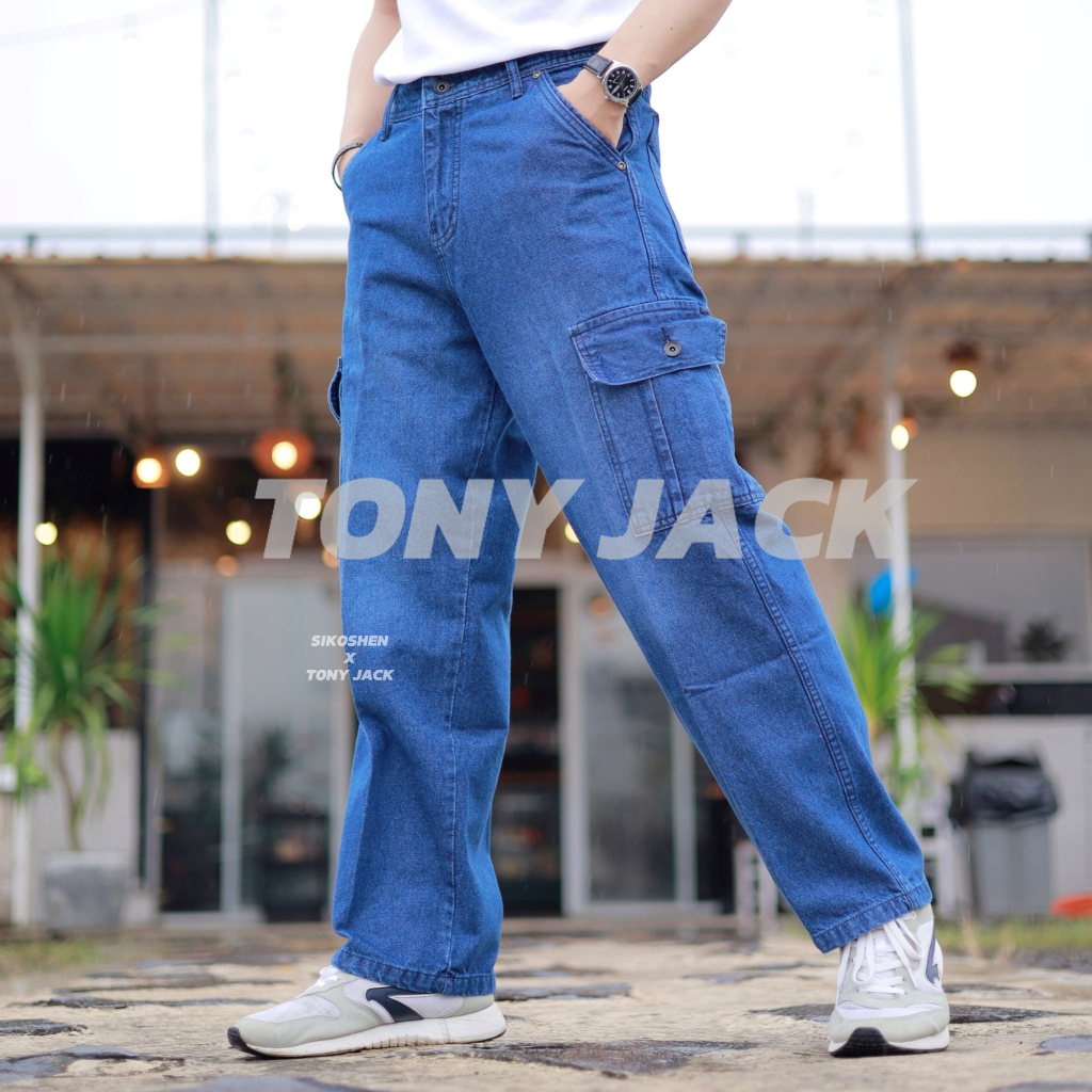 Tony Jack Cargo Pants Heritage Blue - Celana Cargo Loose Jeans Pria Baggy Fit