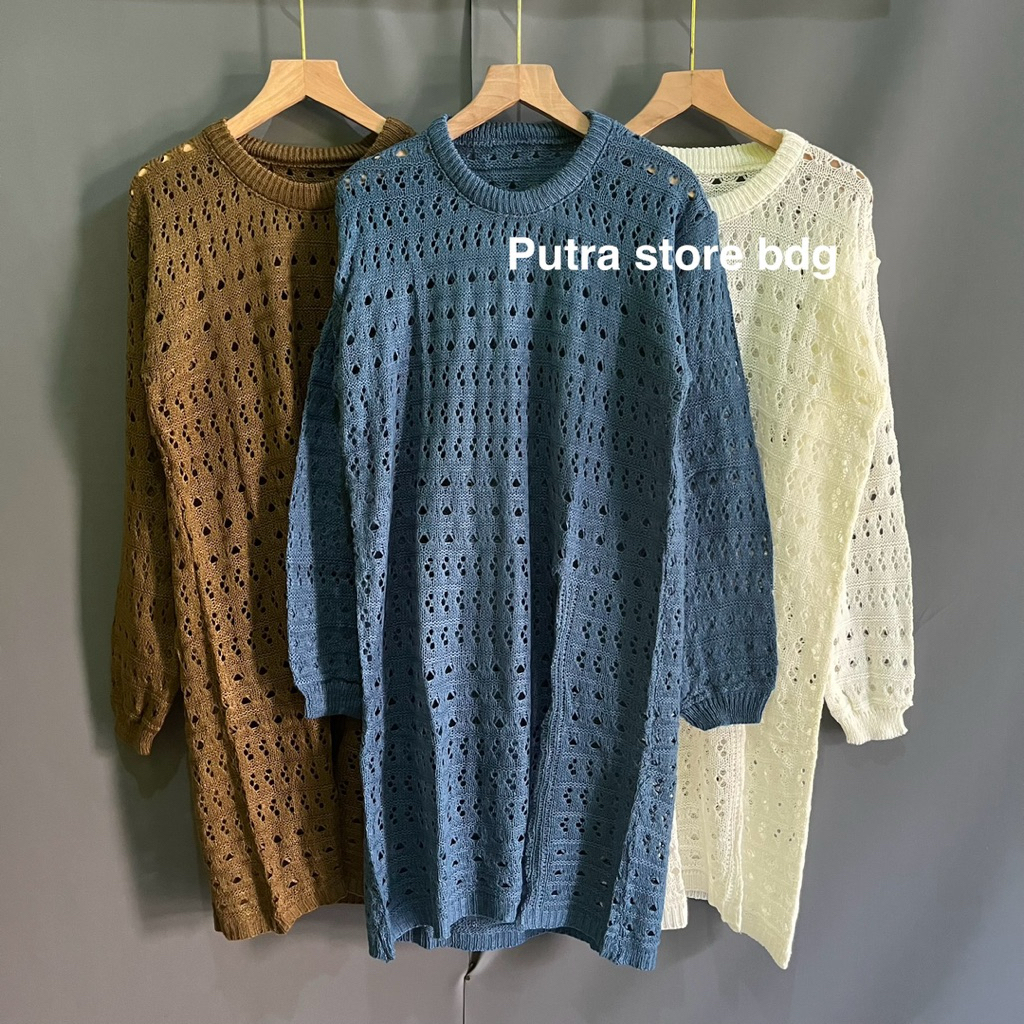 Qiyari outer long dress rajut wanita motif jaring-jaring outer rajut korean style