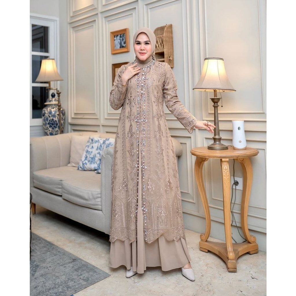 Gamis mewah untuk pesta model terbaru 2026 Safira Dress Dress outher brukat Bahan: ceruty mix brukat