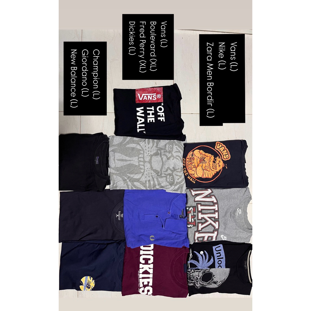 Borongan Kaos Brand Second 10pcs 750k Fred Perry Vans Nike Zara Dickies Giordano New Balance