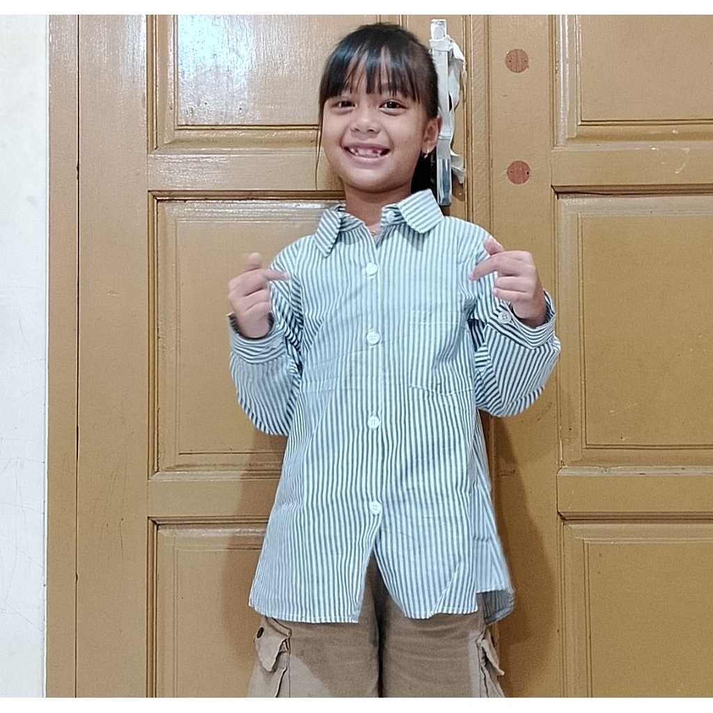 kemeja salur anak perempuan terbaru/kemeja anak 3-12 tahun