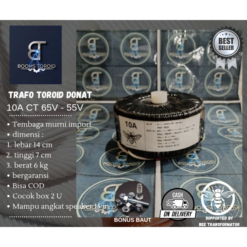 trafo toroid donat 10A CT 65V - 55V murni