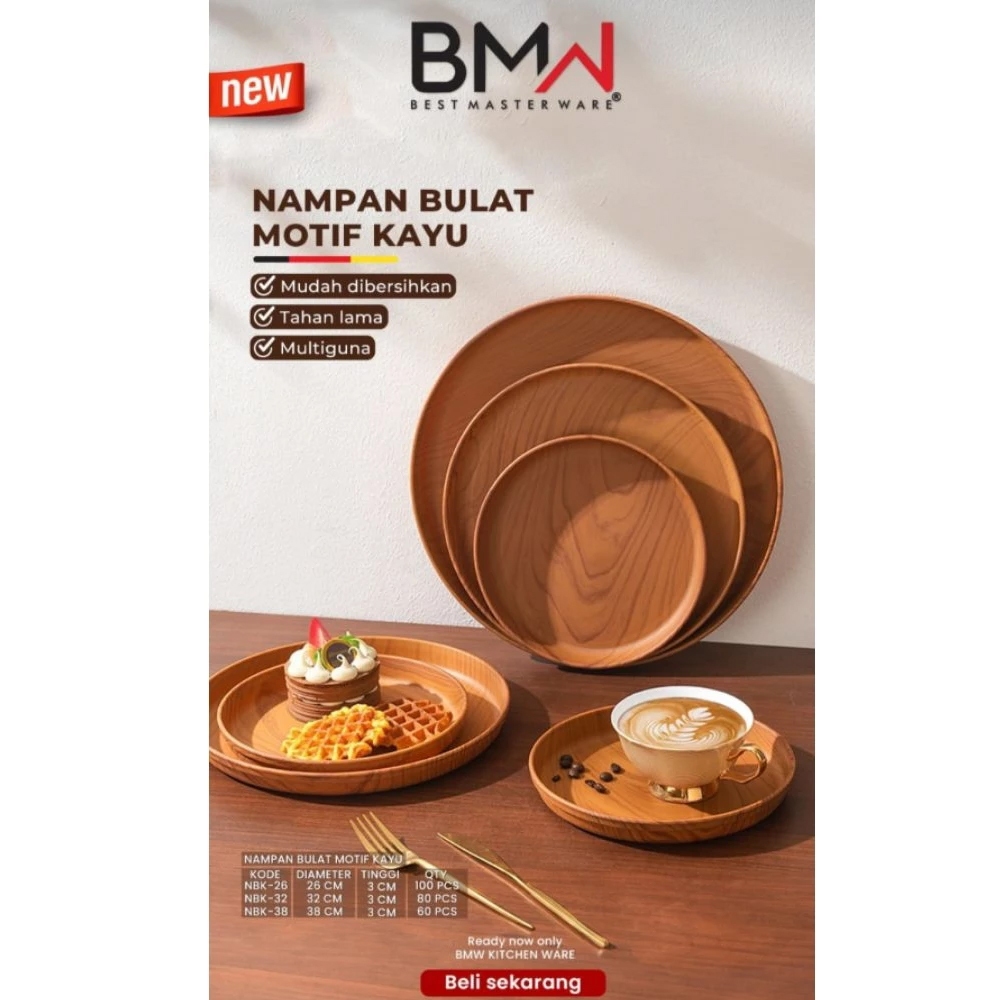 BMW Nampan Bulat Motif Kayu Estetik 32cm Talam Fiber Bulat Kayu Wooden Tray Piring Baki Kayu Besar K