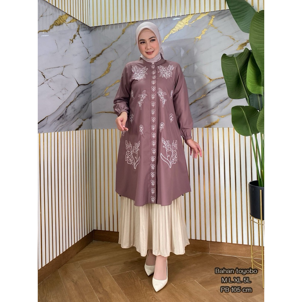 LONG TUNIK BORDIR BAHAN TOYOBO FODU || BUSAN WANITA TERBARU BAHAN TOYOBO FODU BORDIR