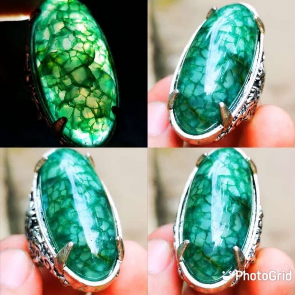 Cincin akik pria Sisik naga hijau model pandan
