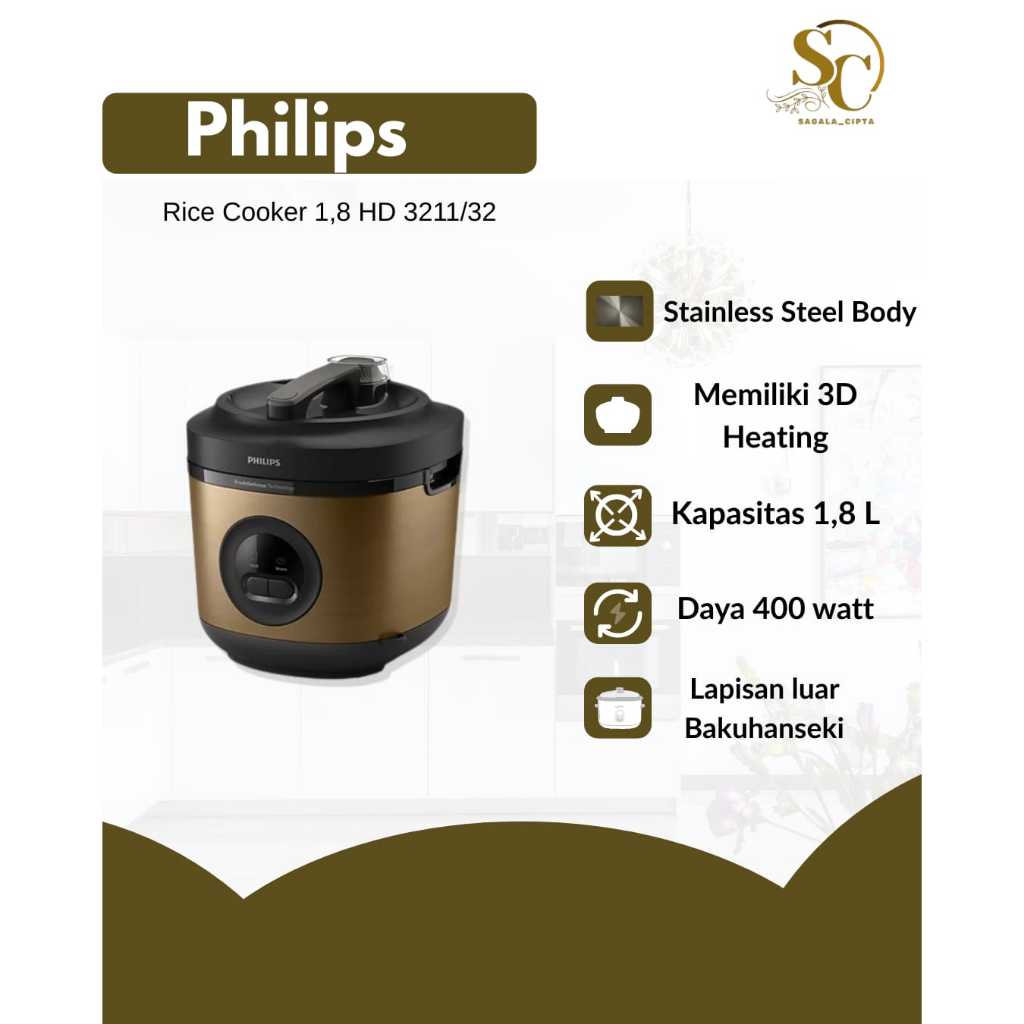 Philips HD3211 Rice Cooker Stainless Steel 1.8 Liter HD 3211 - Magic Com 3 in 1 Bakuhanseki