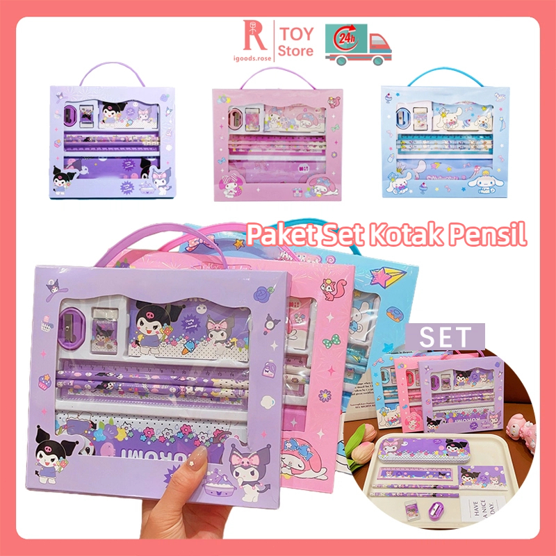 

igoods.rose Set Alat Tulis Anak /Tempat Pensil /Penghapus/ Set Lengkap Perlengkapan Sekolah 7 in 1 Pensil Box Hadiah Anak