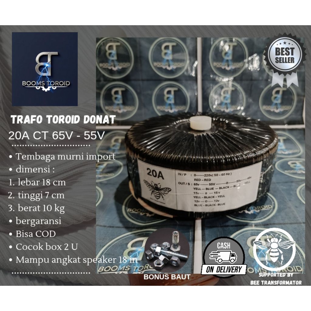 trafo toroid donat 20A CT 65V - 55V murni