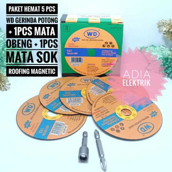 Mata Gerinda WD Potong 4 Inci 5Pcs + 1 Pcs Mata Obeng Gypsum / Mata Obeng Angin Buat Sekrup + 1 Pcs 