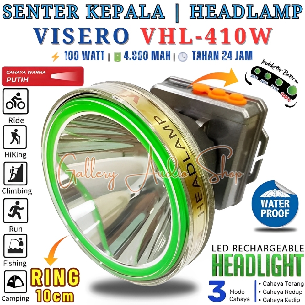 Senter Kepala VISERO VHL-410W LED 100 Watt | Headlamp Visero VHL-410W 100W Waterprooof Cahaya Putih 