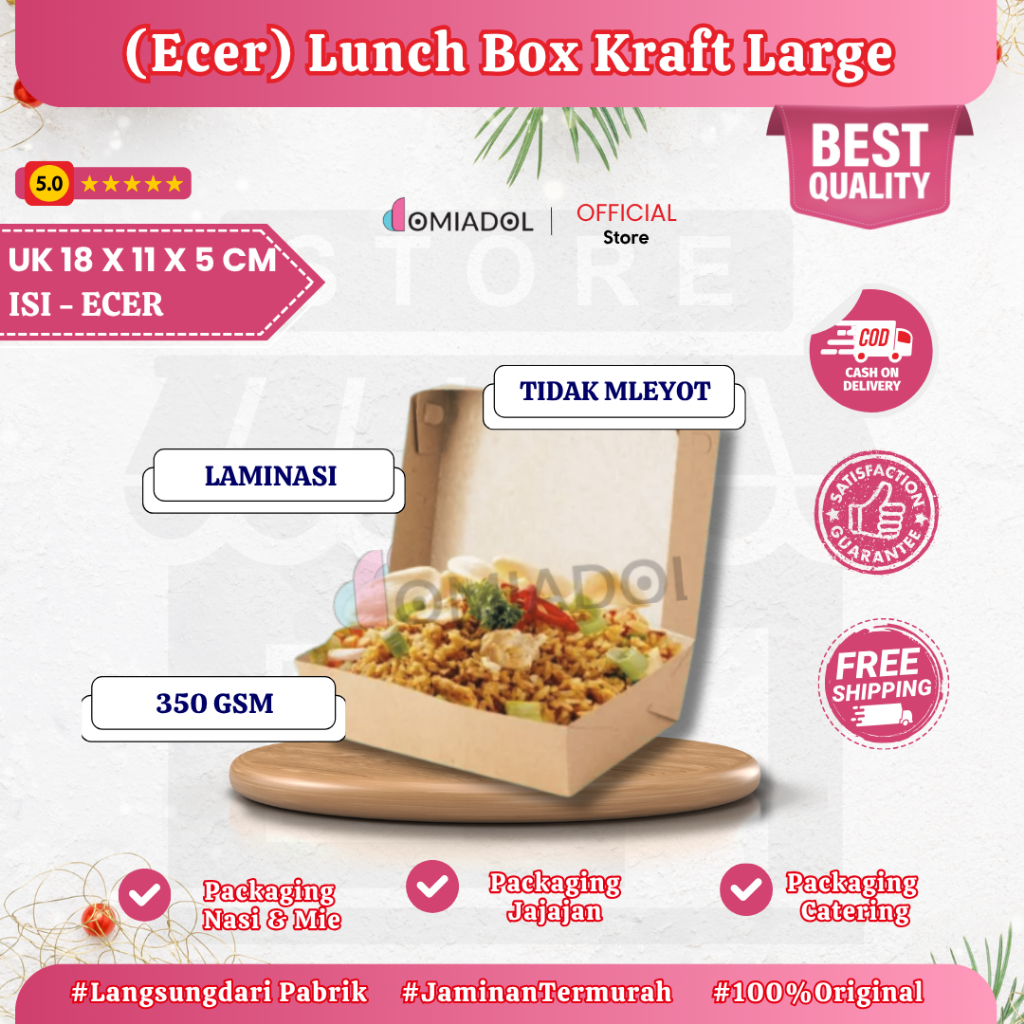 

Ecer - Paper Lunch Box Large Bahan Kraft Full Laminasi, Tebal, Anti Bocor - Ukuran 18 x 11 x 5
