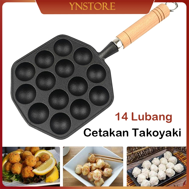 14 Lubang Cetakan Takoyaki pegangan kayu Penggunaan rumah tangga No-Stick Baking Tray Cetakan