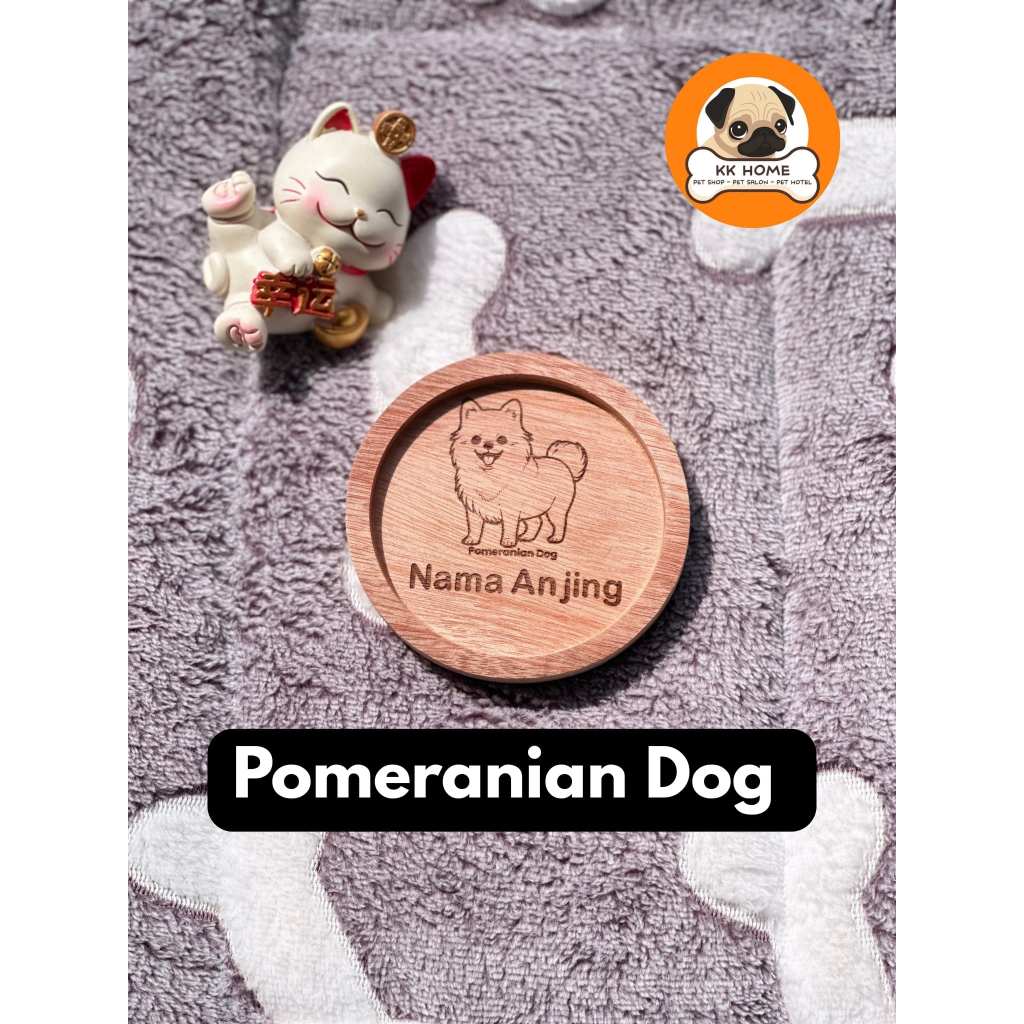 [FREE GRAFIR] Tatakan Gelas Kayu Custom Jenis Anjing Pomeranian dan Nama 9Cm | Coaster Kayu Custom J