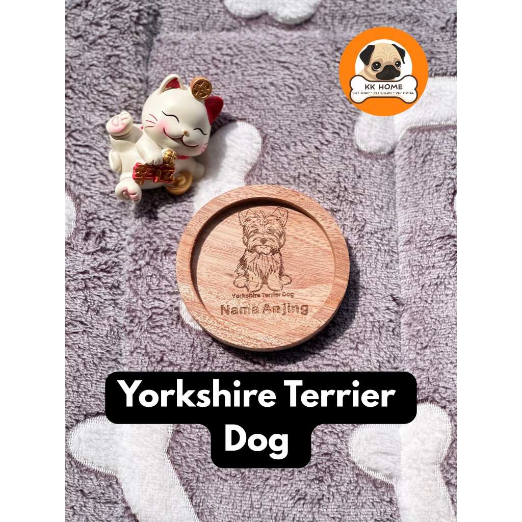 [FREE GRAFIR] Tatakan Gelas Kayu Custom Jenis Anjing Yorkshire Terrier dan Nama 9Cm | Coaster Kayu C